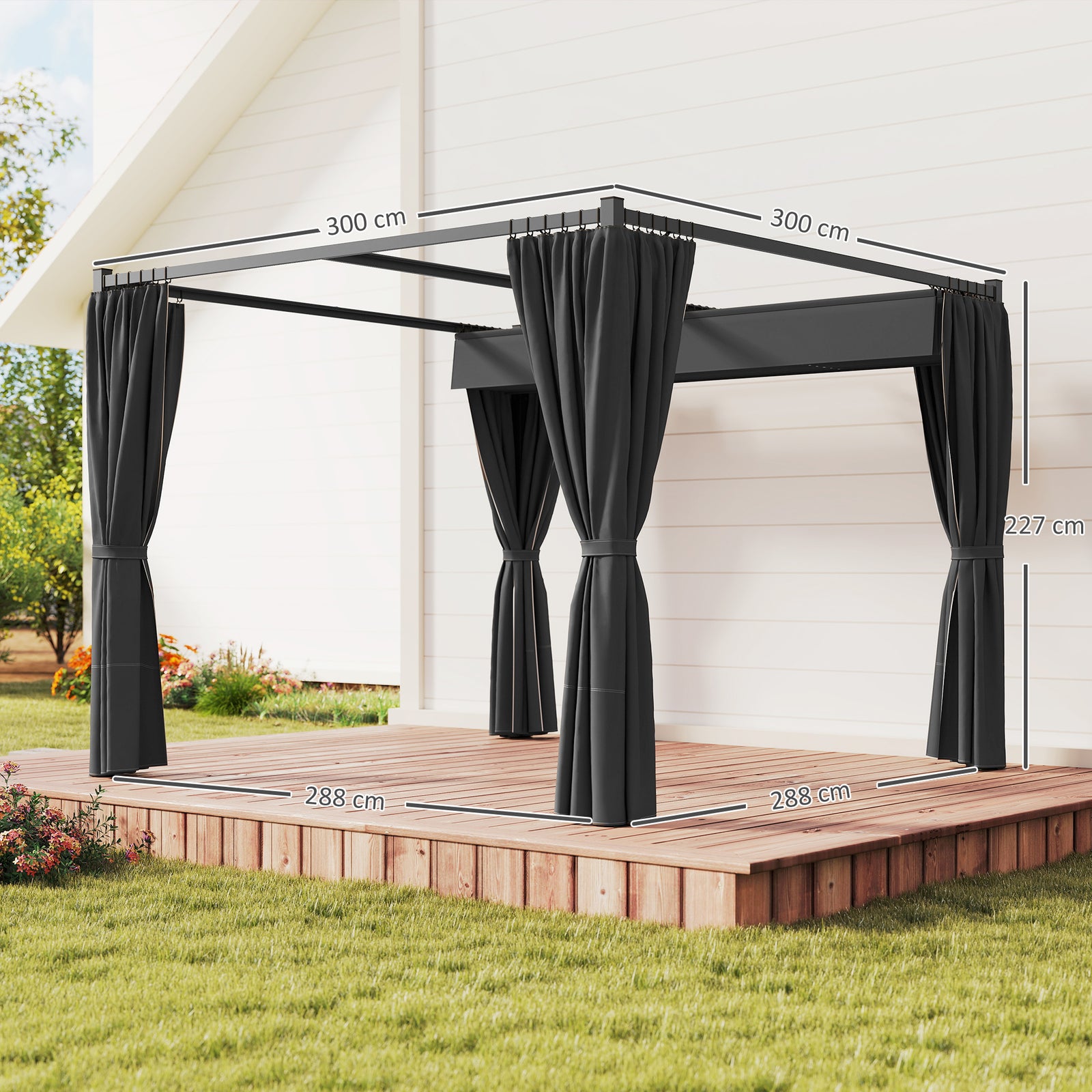 3 x 3(m) Retractable Pergola, Garden Gazebo Shelter with Curtains, for Grill, Patio, Deck, Charcoal Grey