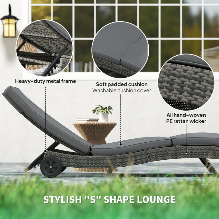 Patio Wicker Chaise Lounge Chair, Outdoor PE Rattan Sun Lounger with Adjustable Backrest and 2 Wheels, Dark Grey