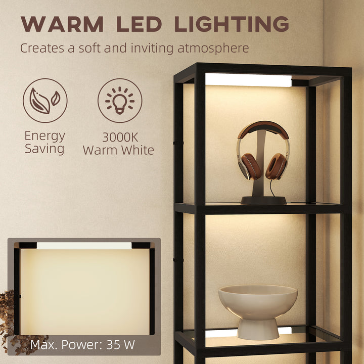 LED Floor Lamp with Glass Shelves, 4 Layers Dimmable Tall Standing Lamp, Modern Column Shelf Floor Light for Living Room, Bedroom, Office, Black