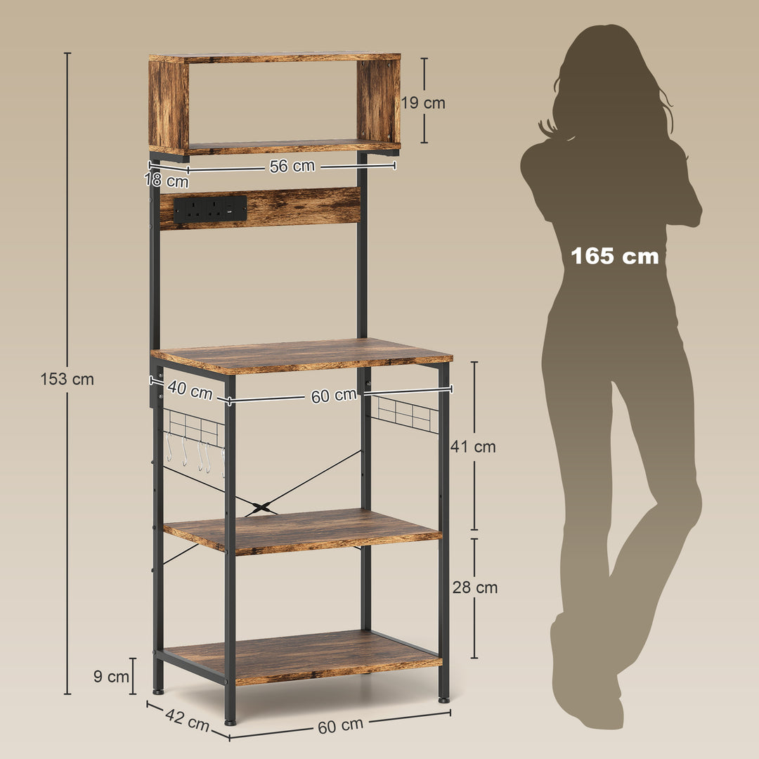 HOMCOM Bakers Rack with Power Outlet, USB Charger, Microwave Stand with Adjustable Shelves, 5 Hooks for Small Spaces, Kitchen Storage Unit for Spices, Pots and Pans, Rustic Brown