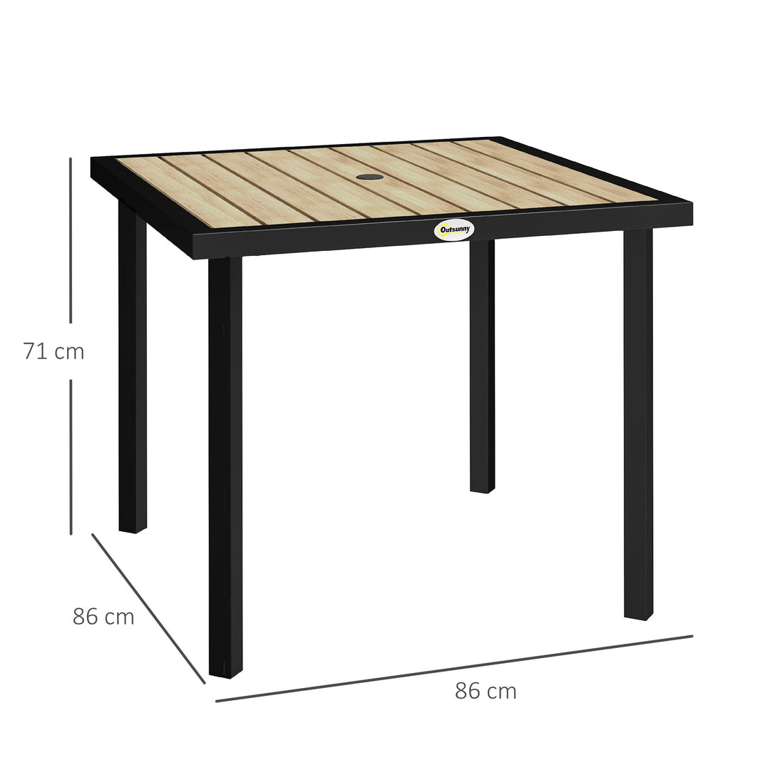 Square Garden Dining Table with 5.4cm Parasol Hole, Slatted Top, Metal Frame, 86 x 86 x 71cm, Brown