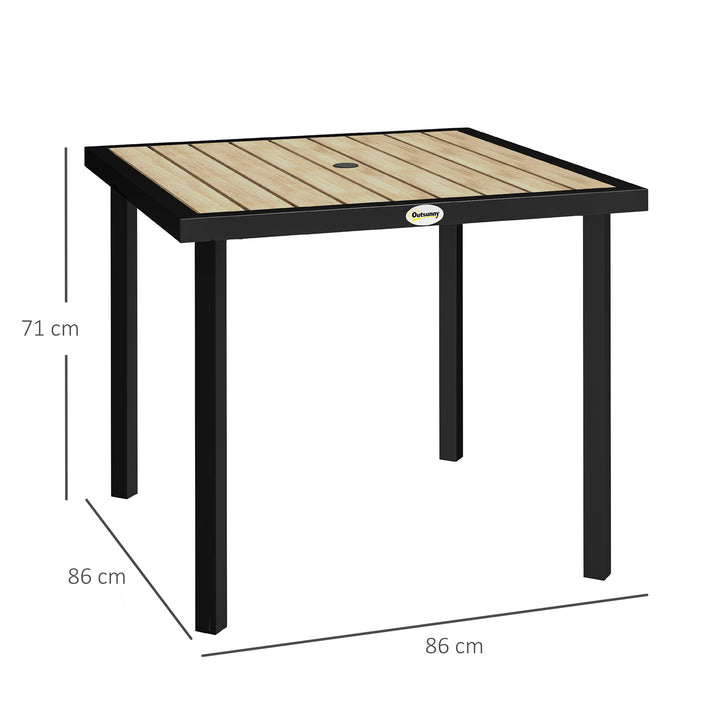 Square Garden Dining Table with 5.4cm Parasol Hole, Slatted Top, Metal Frame, 86 x 86 x 71cm, Brown