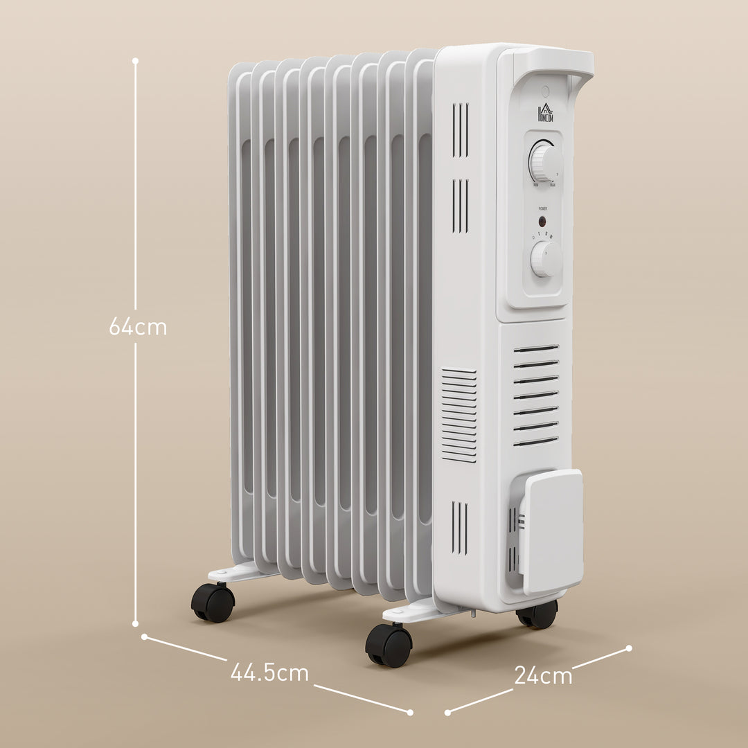 HOMCOM 2000W Oil Filled Radiator, 9 Fin Energy Efficient Portable Electric Heater with 3 Heat Settings, Adjustable Thermostat, Safety Tip Over, Overheat Protection, for Home, White