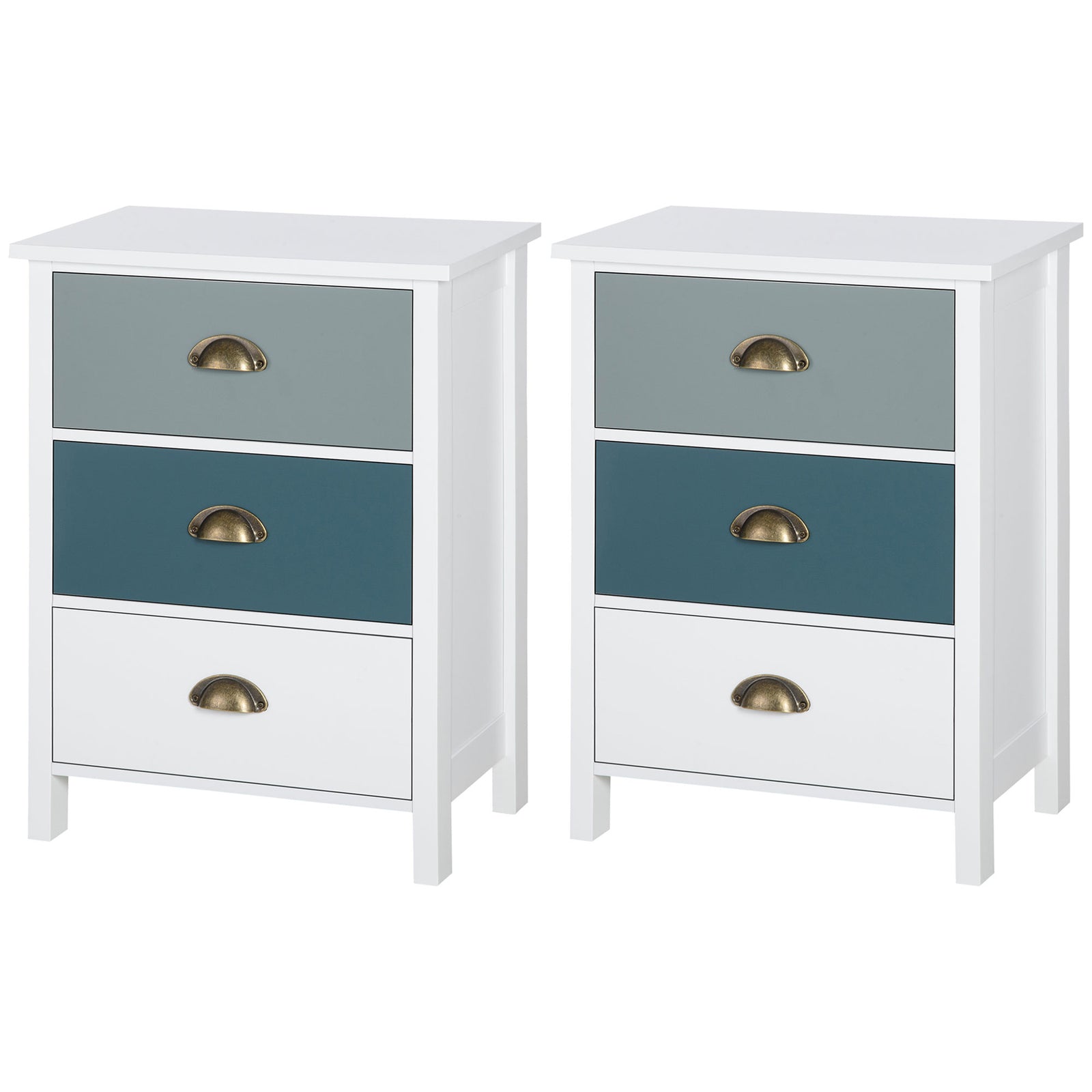 Bedside Table Set of 2 Chest of 3 Drawers Shabby Chic Nightstands with Metal Handle Sofa Side Table for Living Room, Bedroom,Grey and blue