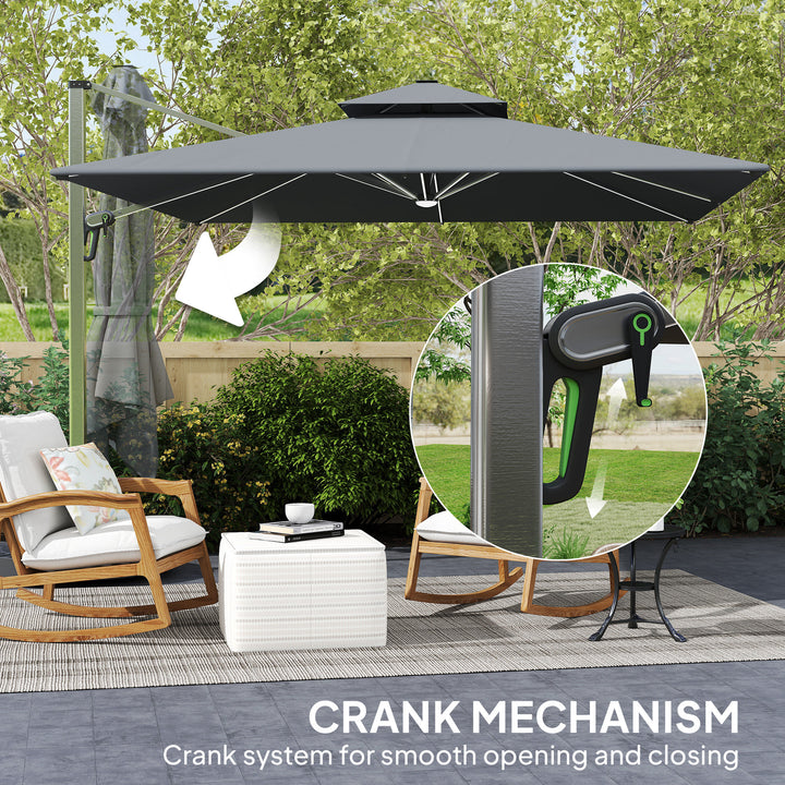 3(m) Garden Cantilever Parasol with Solar LED Lights, Cross Base, 360° Rotation, Crank Handle and Tilt, Grey