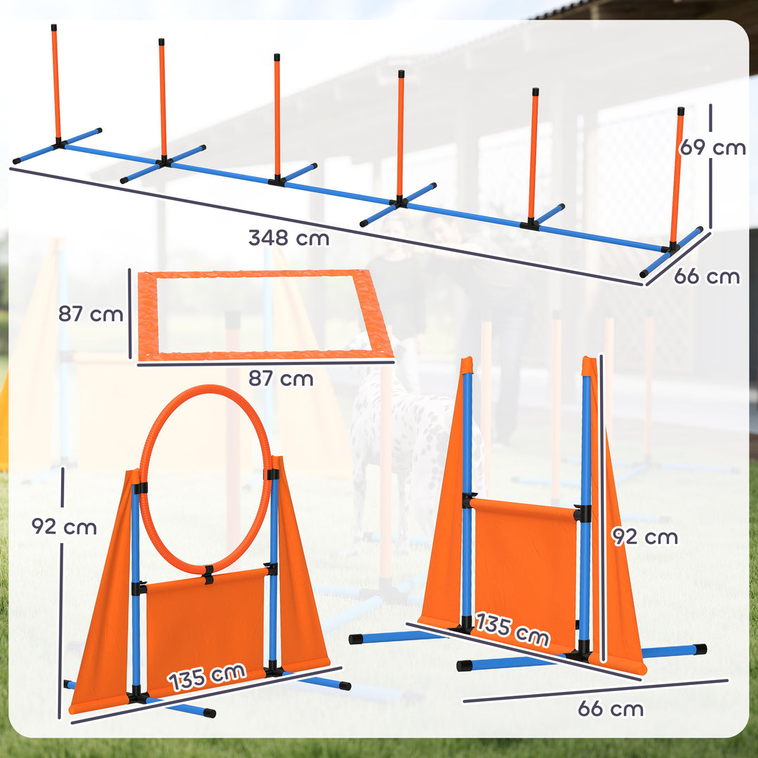 Seven-Piece Dog Agility Equipment Set with Weave Poles, Jump Ring, Hurdle, Pause Box, Carry Bag, Orange