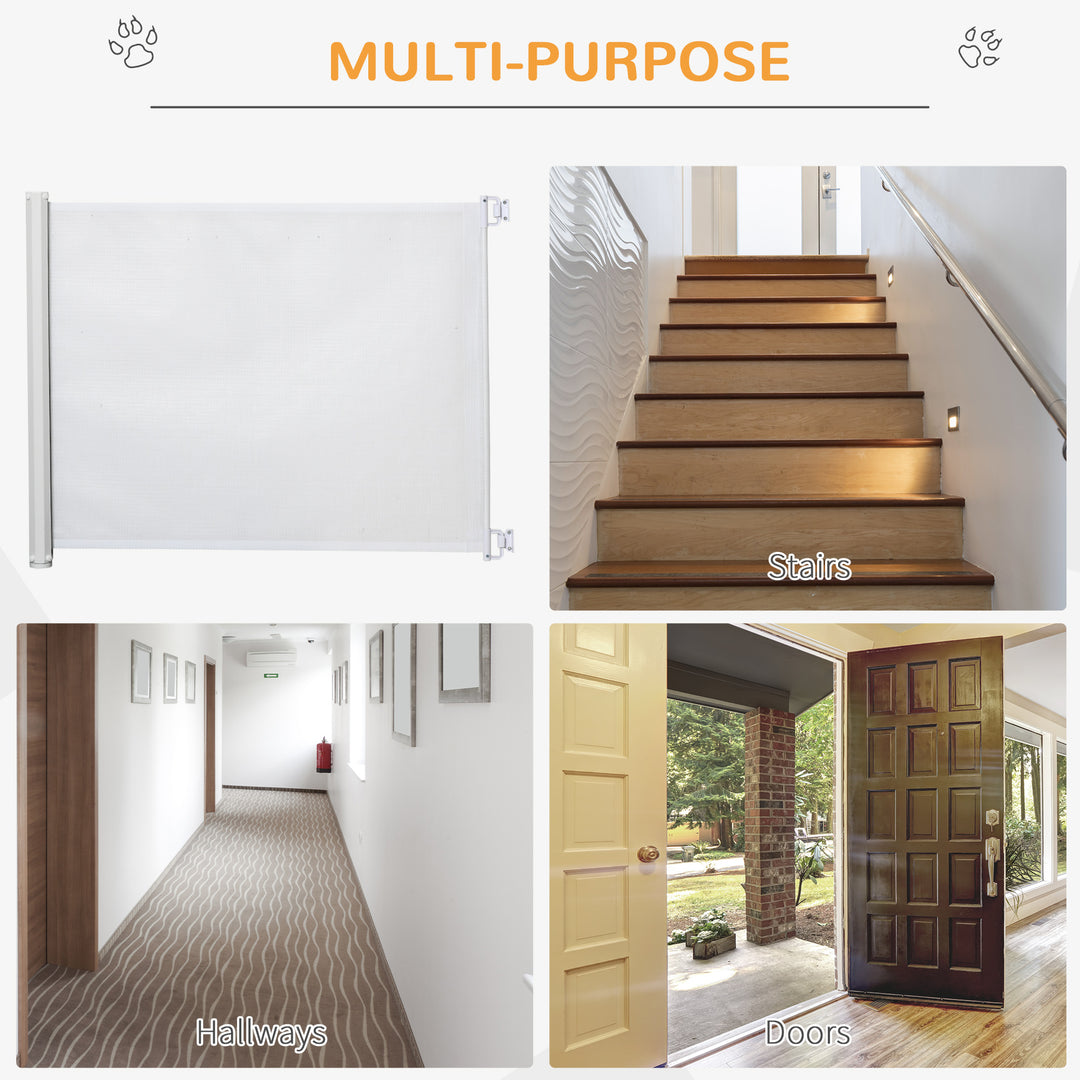 PawHut Retractable Stair Gate, 115 x 82.5 cm, White, Dog Pet Barrier for Doorway, Stair, Hallway | Aosom UK