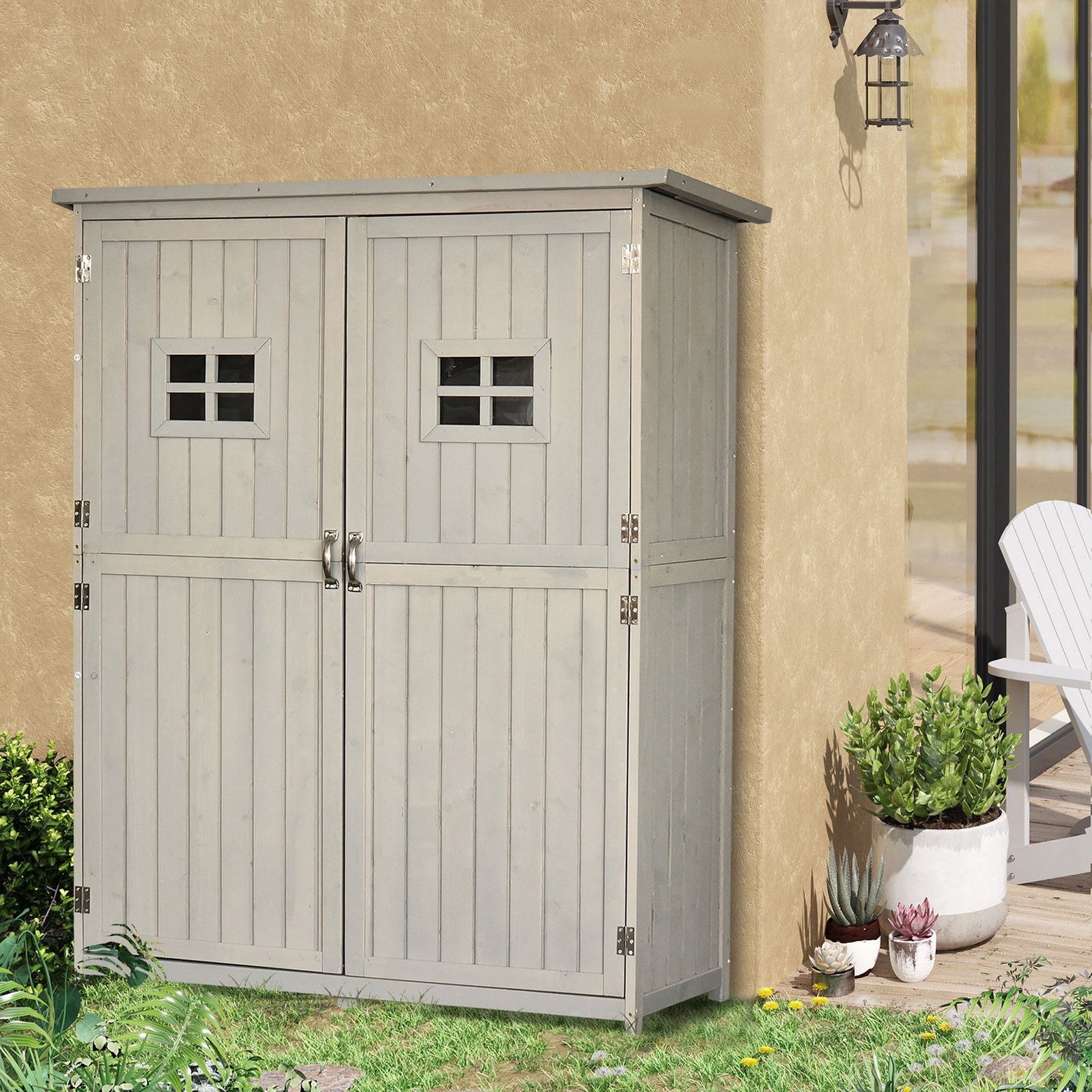 Wooden Garden Shed with Two Windows, Tool Storage Cabinet, Outdoor Double Door Organizer 127.5L x 50W x 164H cm, Grey