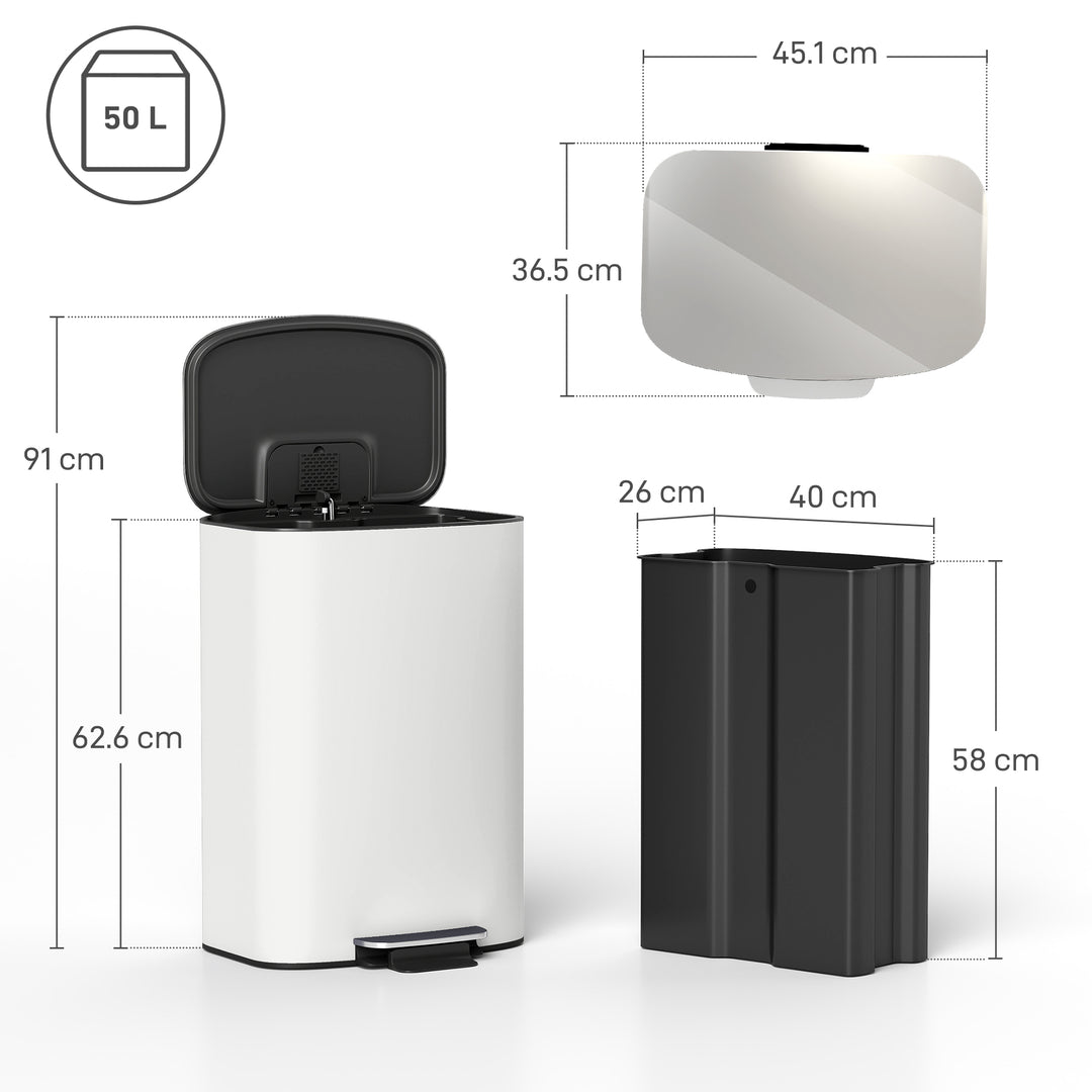 MCL 50L Kitchen Bin with Soft-Close Lid and Stay-Open Function, Stainless Steel Pedal Bin with Removable Inner Bucket, Carry Handle for Kitchen, Office, Home, Cream