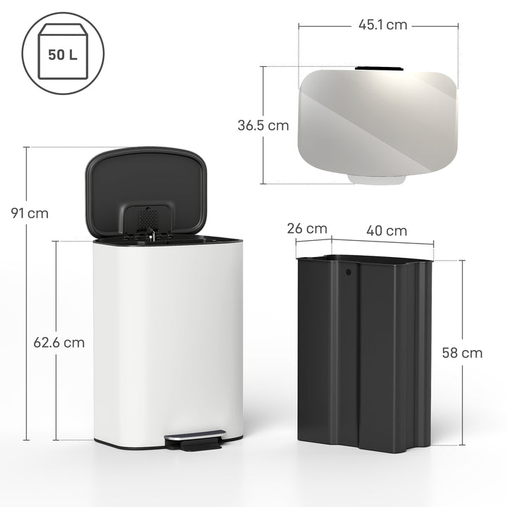 MCL 50L Kitchen Bin with Soft-Close Lid and Stay-Open Function, Stainless Steel Pedal Bin with Removable Inner Bucket, Carry Handle for Kitchen, Office, Home, Cream