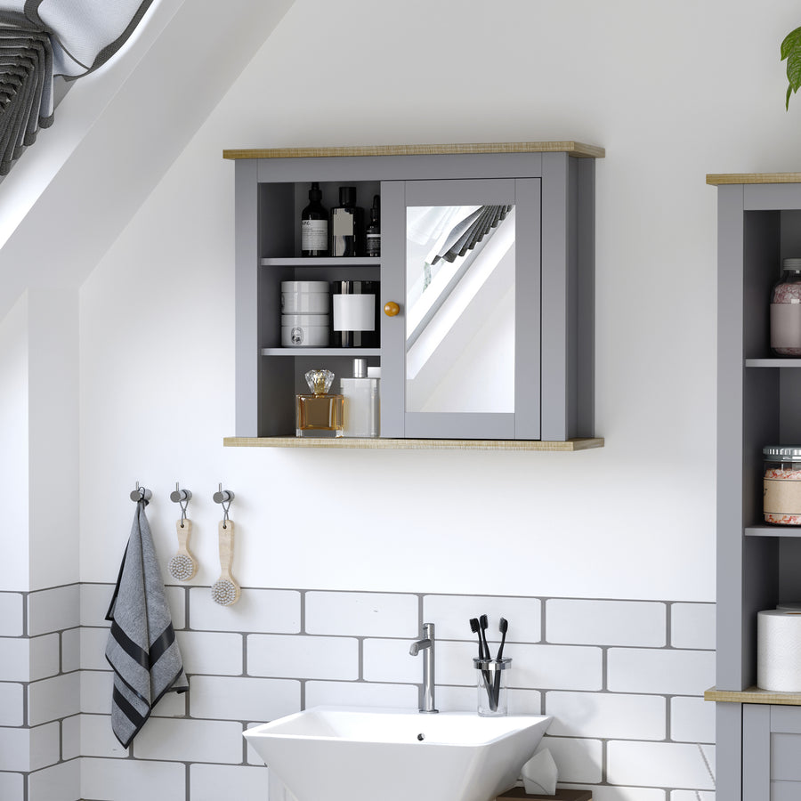 Bathroom Wall Mirror Cabinet, Cupboard with Door, Storage Cabinet with Adjustable Shelf for Corridors Living Rooms, Grey