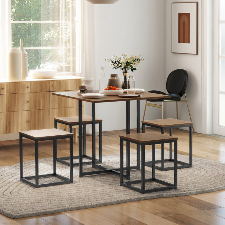 HOMCOM 5 PCS Industrial Table & Stool Set w/ Metal Frame Home Dining Stylish Square Compact Seating Chair Beautiful Cool Black Brown