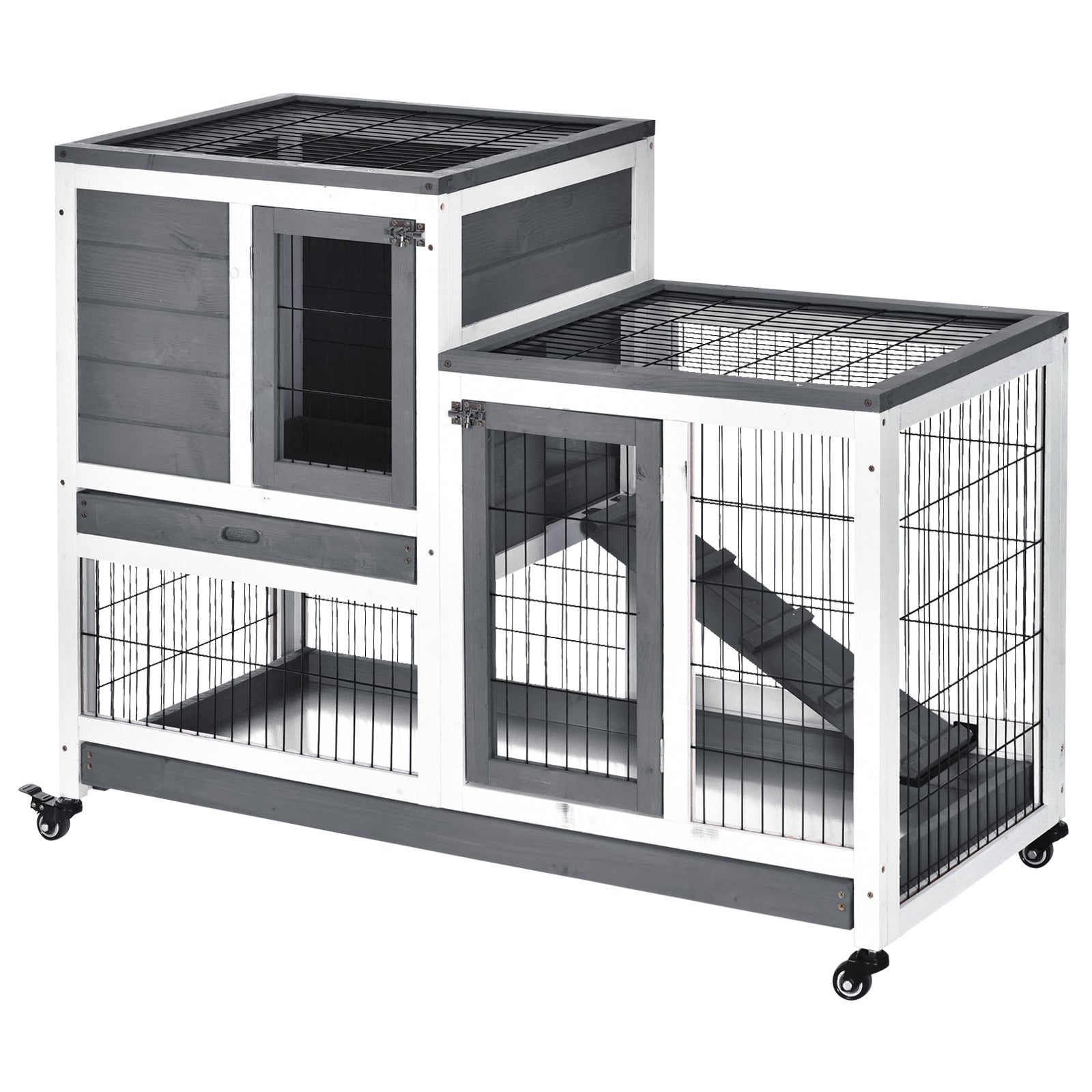 Wooden Indoor Rabbit Hutch Guinea Pig House Bunny Small Animal Cage W/ Wheels Enclosed Run 110 x 50 x 88 cm, Grey