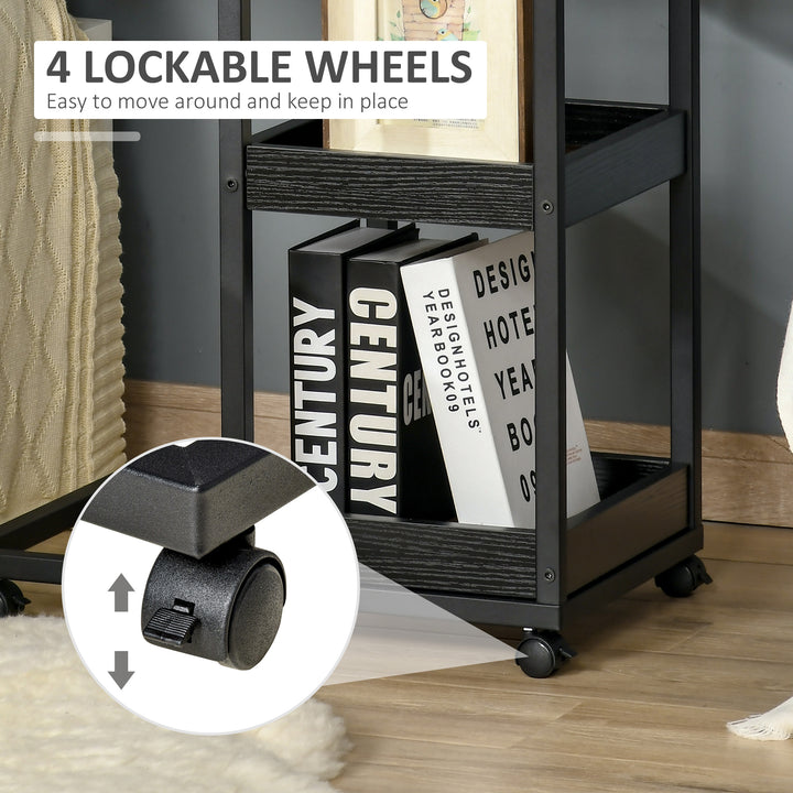 Mobile Sofa Side Table Set of 2, Industrial C-Shaped Rolling Couch Table with 3-Tier Storage Shelving Four Lockable Wheels Steel Frame, Dark Brown