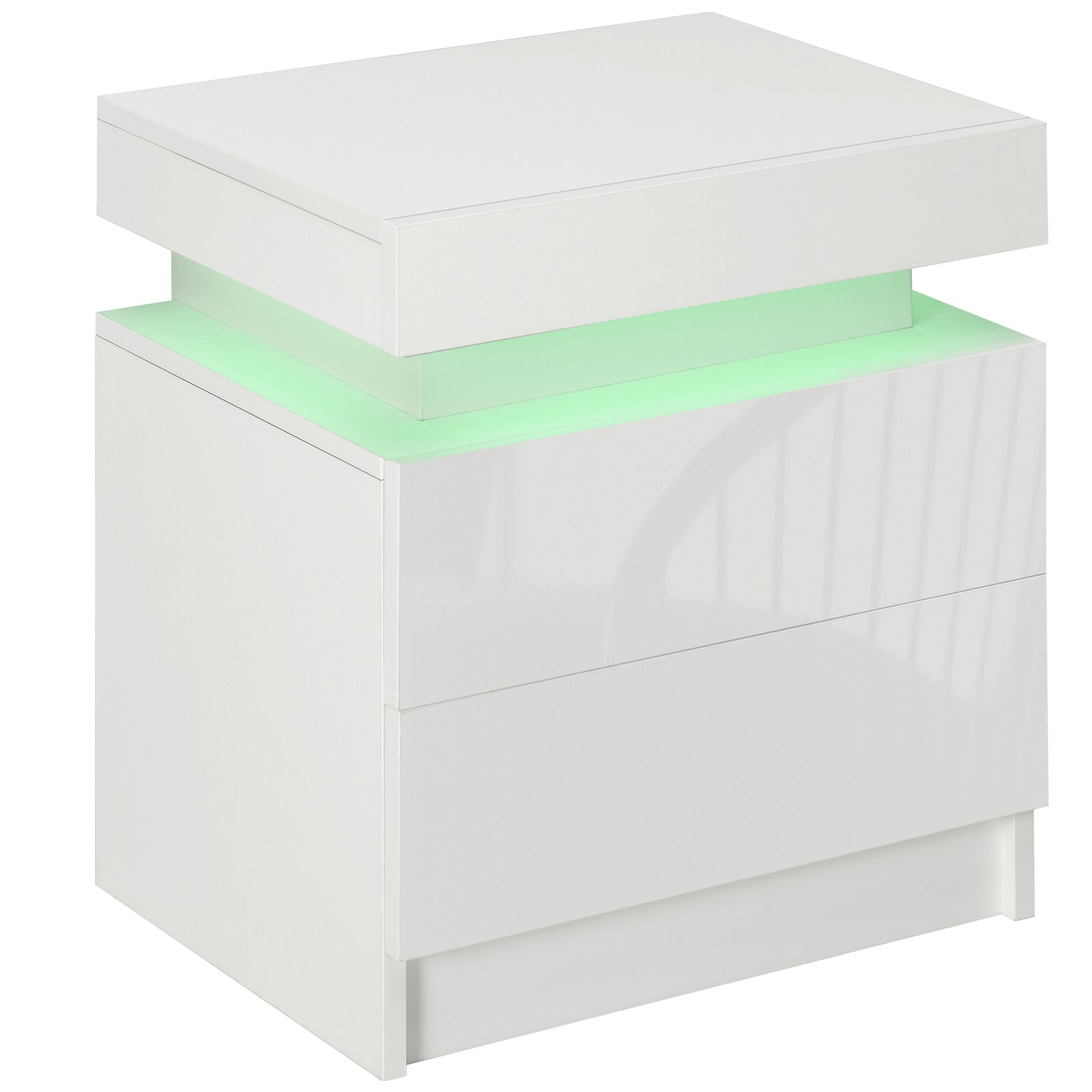 White Bedside Table with LED Light, High Gloss Front Nightstand with 2 Drawers, for Living Room, Bedroom
