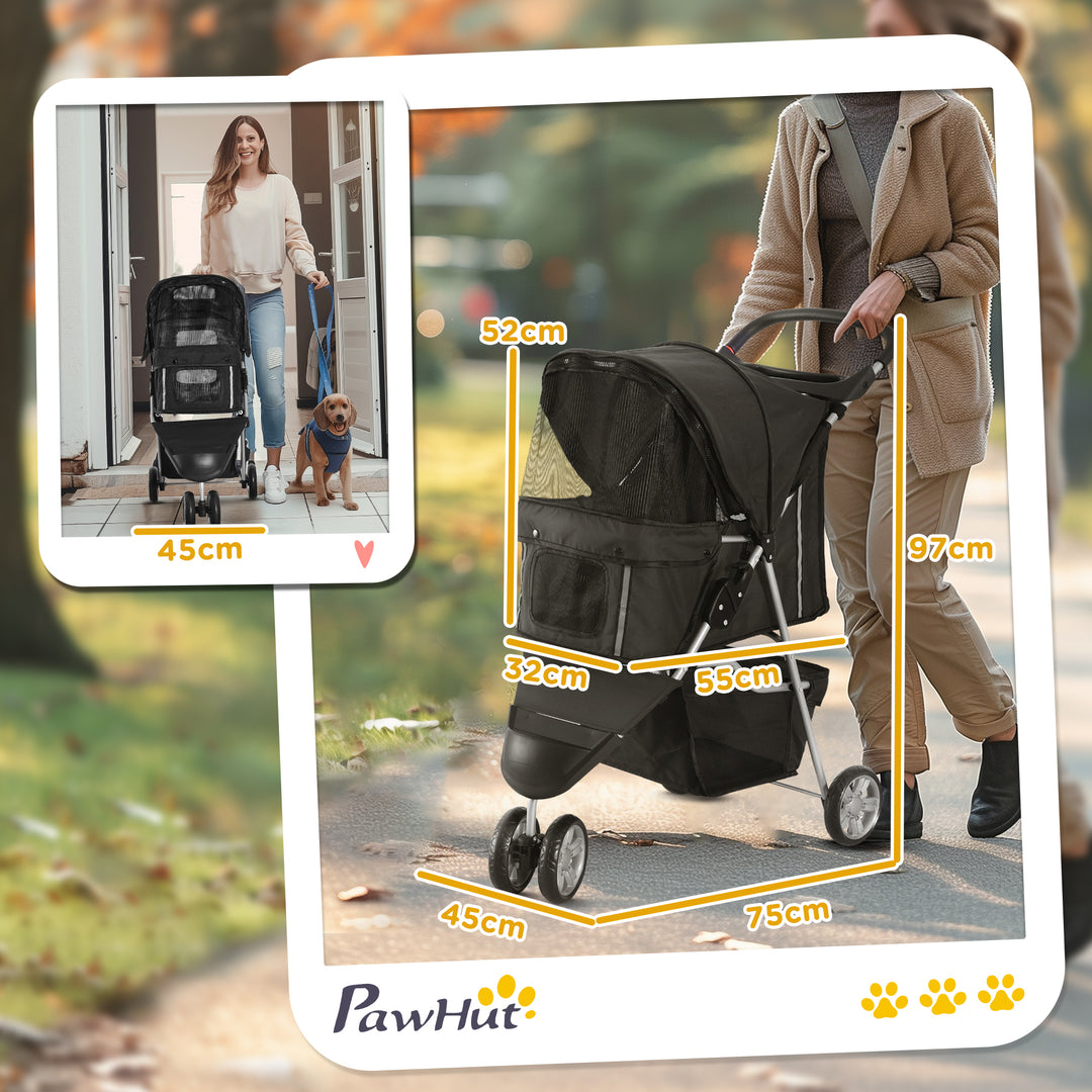 PawHut Pet Travel Stroller Cat Dog Pushchair Trolley Puppy Jogger Carrier Three Wheels for Small Miniature Dogs(Black)