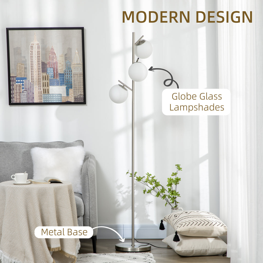 3-Light Tree Floor Lamps for Living Room, Modern Standing Lamp for Bedroom with Globe Lampshade, Steel Base, Bulb not Included, Silver