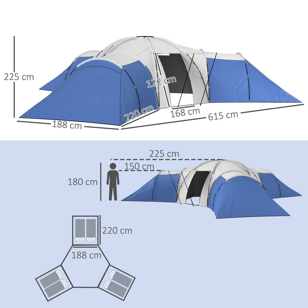 6-9 Man Tent with Bedrooms and Living Room, Accessories Included, Blue