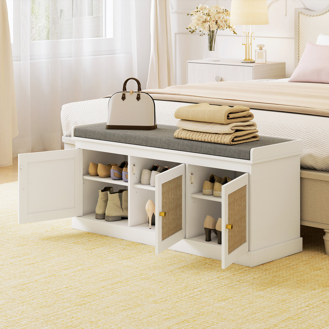 Shoe Storage Bench with Woven Rattan Doors, Seat - White