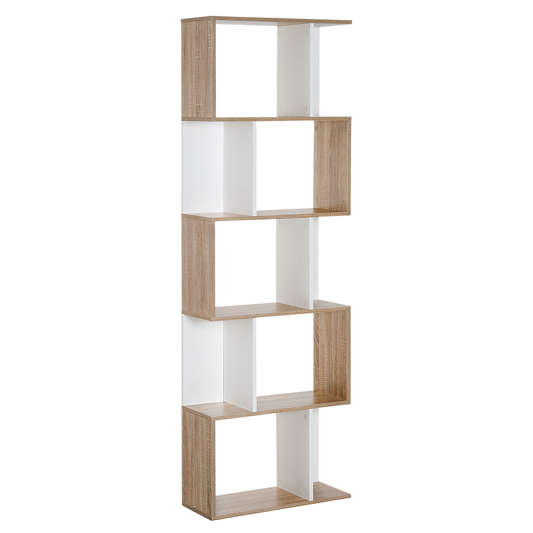 MCL Bookcase, S-Shaped Wooden Bookshelf, 5/6 Tiers Freestanding Storage Shelf, Home Office Decorative Display Stand Rack, Oak and White, 24D x 60W x 184.5H