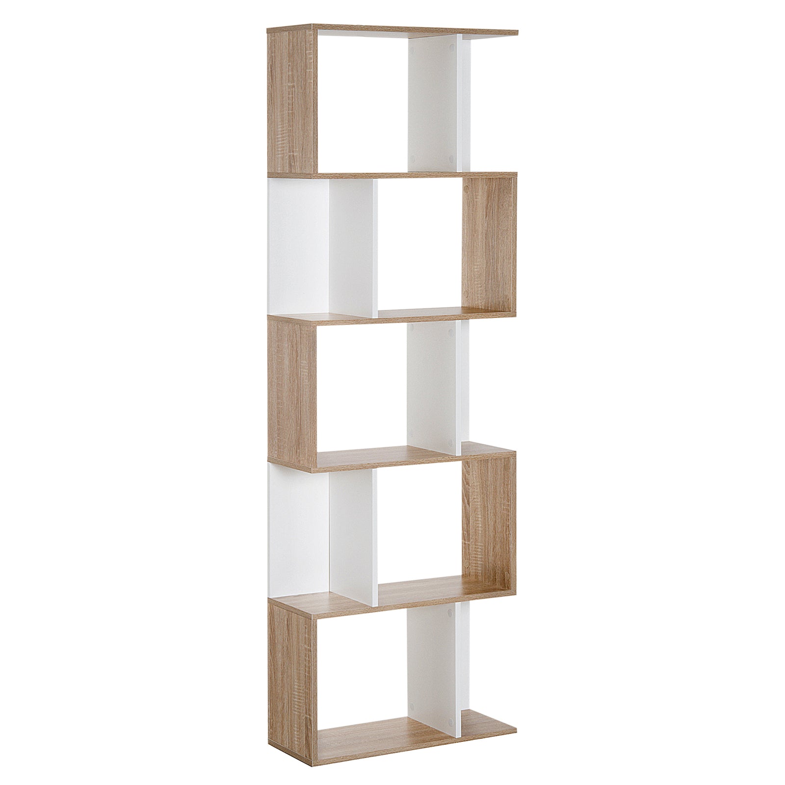 Bookcase, S-Shaped Wooden Bookshelf, 5/6 Tiers Freestanding Storage Shelf, Home Office Decorative Display Stand Rack, Oak and White, 24D x 60W x 184.5H