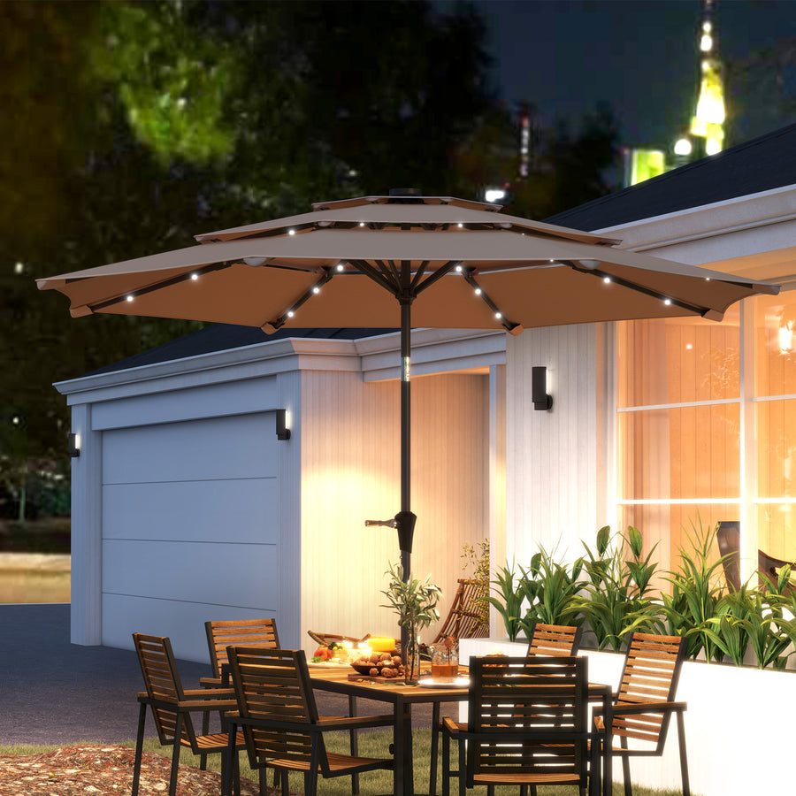3-Tier Garden Parasol with Solar LED Lights, UPF 30+, Tilt Mechanism & Crank Handle, for Market Terrace, Khaki