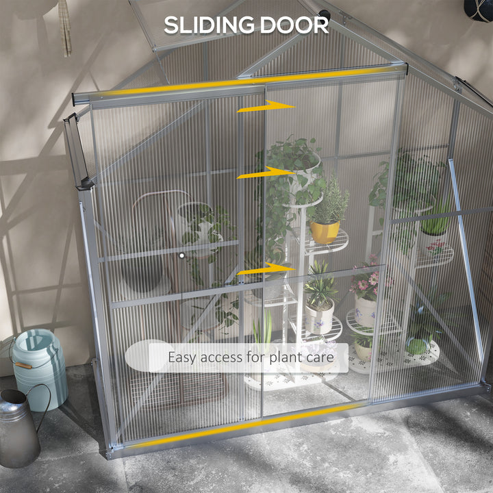 6 x 2.5ft Polycarbonate Greenhouse Walk-In Green House with Rain Gutter, Sliding Door, Window, Foundation, Silver