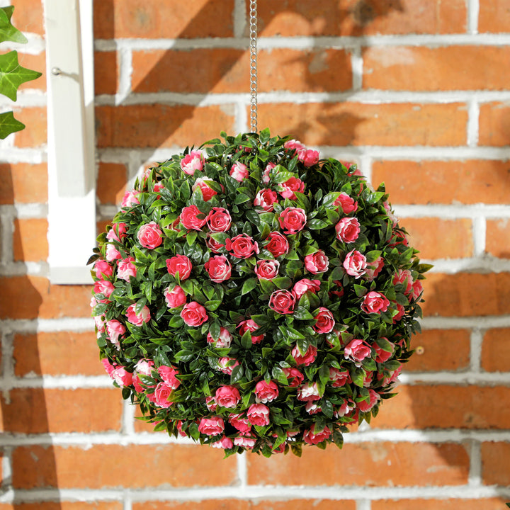 Set of 2 Decorative Artificial Plants, UV-protected Artificial Plant Topiary Rose Balls, Fake Plants for Home Indoor outdoor Decor, 28cm, Pink