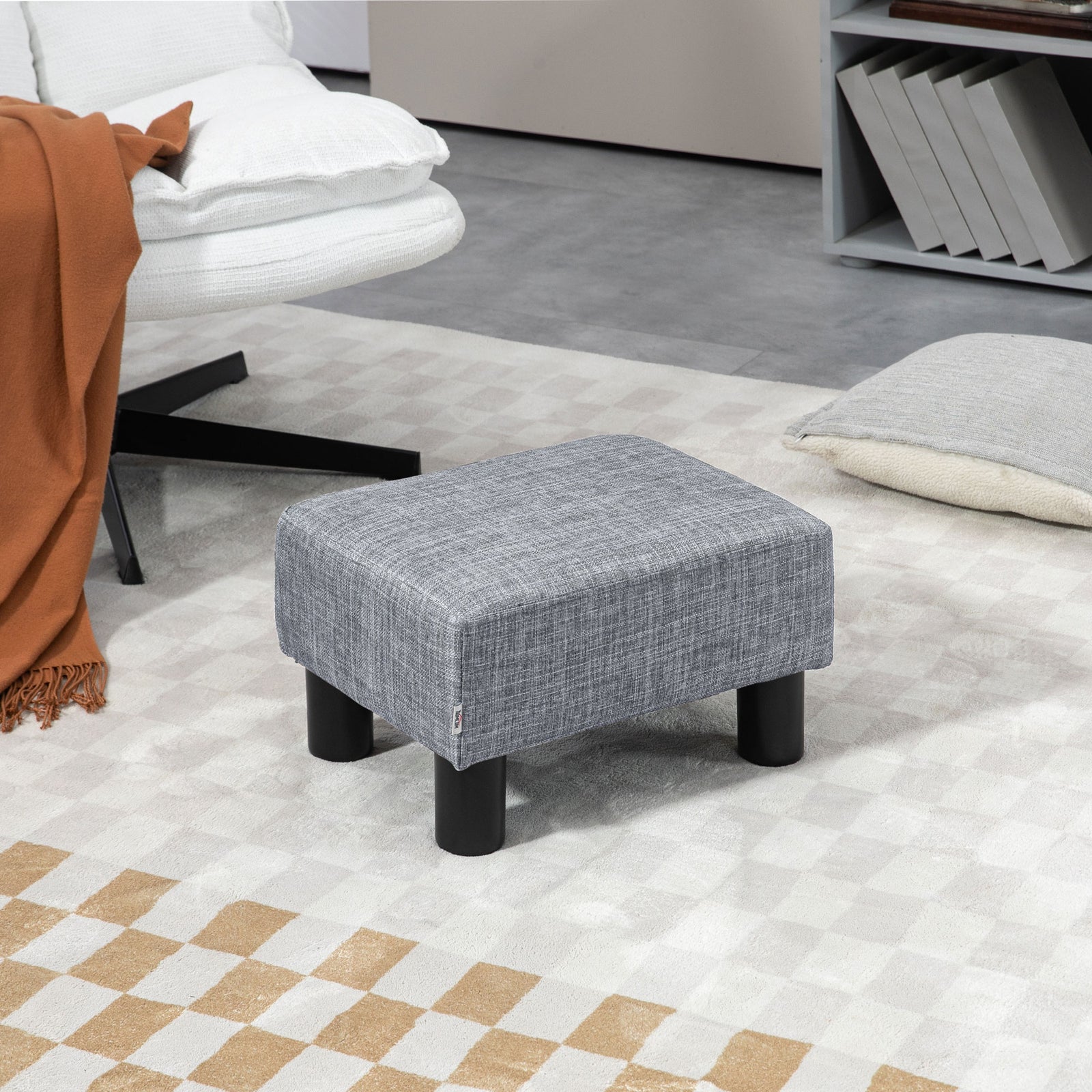 Linen Fabric Footstool Ottoman Cube with 4 Plastic Legs, Grey