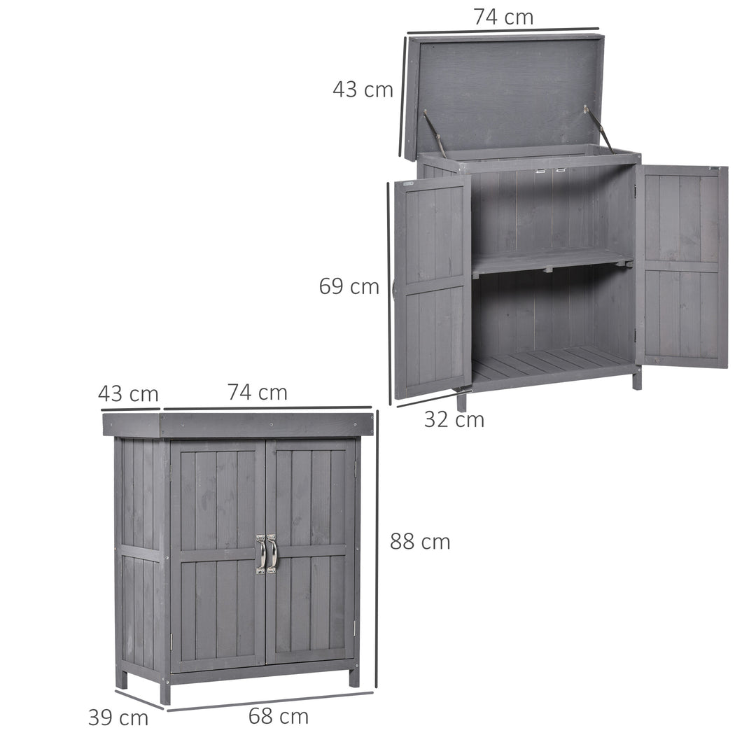 Small Shed, Wooden Garden Shed with Openable Hinged Roof and Removable Shelf, Outdoor Tool Storage Cabinet Chest with Double Doors, 74 x 43 x 88 cm, Grey