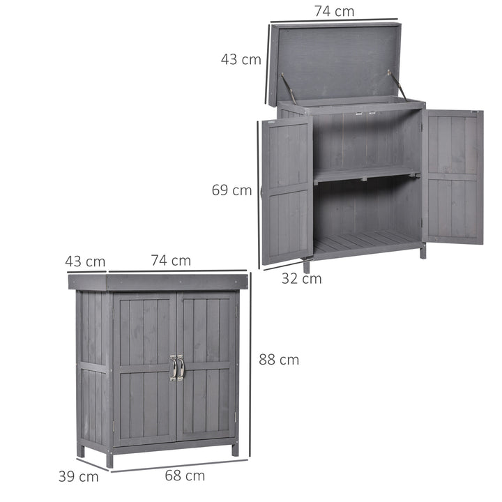 Small Shed, Wooden Garden Shed with Openable Hinged Roof and Removable Shelf, Outdoor Tool Storage Cabinet Chest with Double Doors, 74 x 43 x 88 cm, Grey