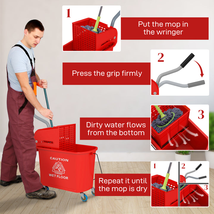20L Compact Mop Bucket on Wheels, with Water Separation Panel - Red