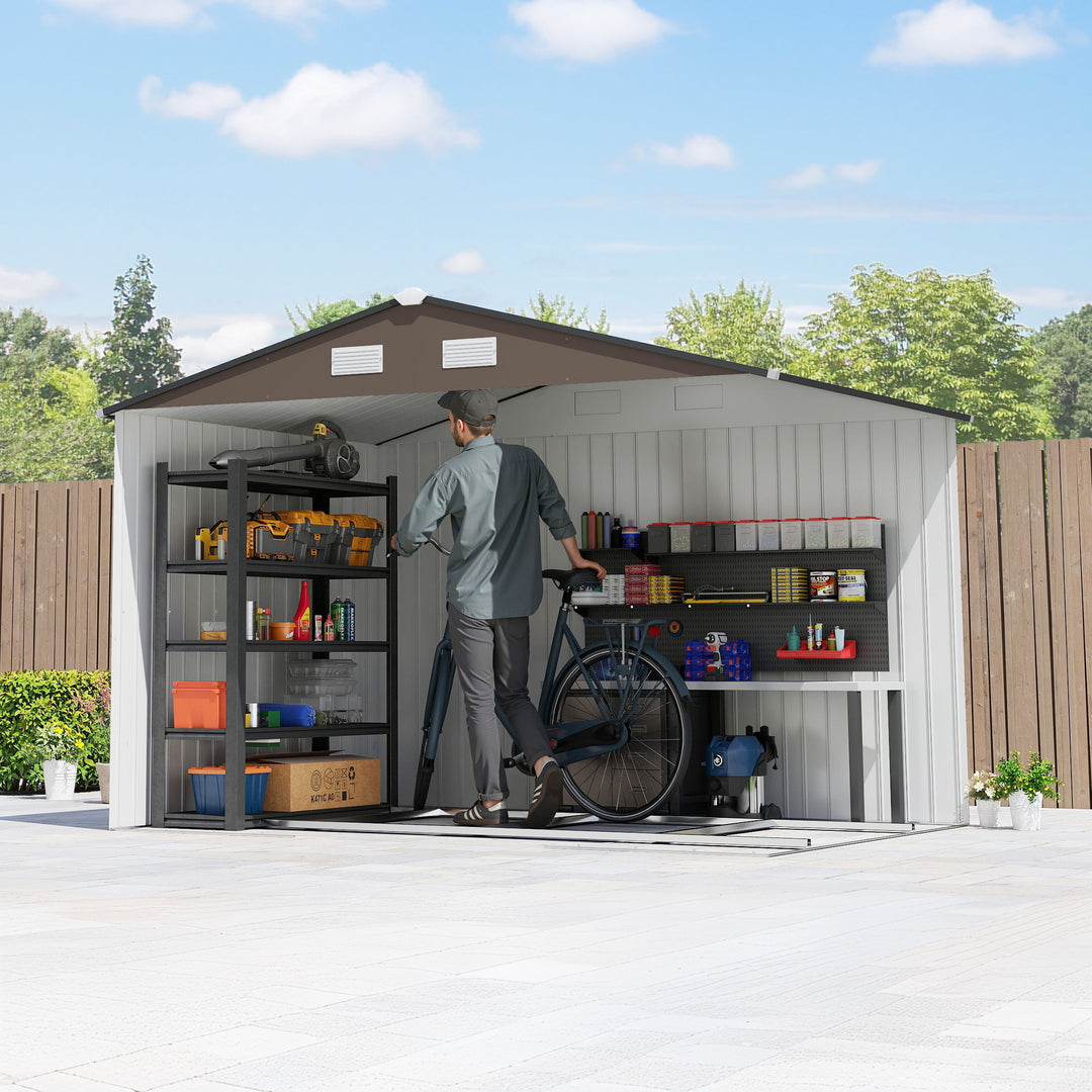 9 x 6ft Metal Garden Shed, Outdoor Storage Tool House with Ventilation Slots, Foundation Kit and Lockable Double Doors, Brown