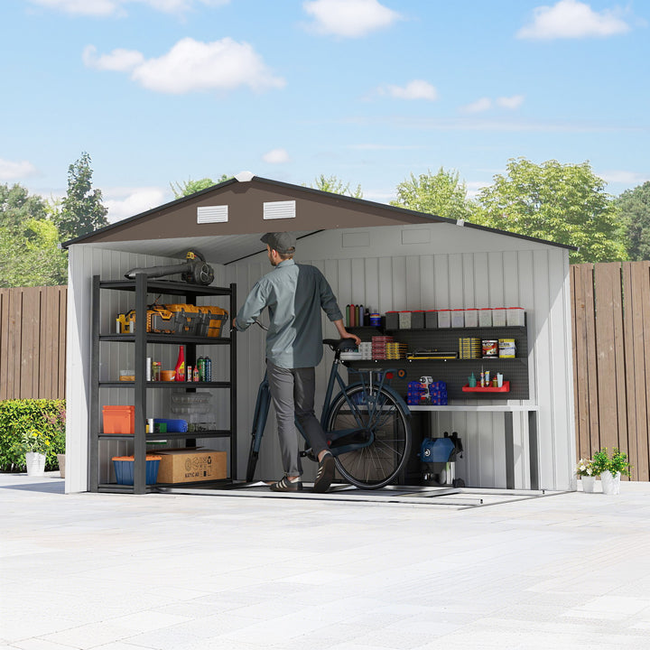 9 x 6ft Metal Garden Shed, Outdoor Storage Tool House with Ventilation Slots, Foundation Kit and Lockable Double Doors, Brown
