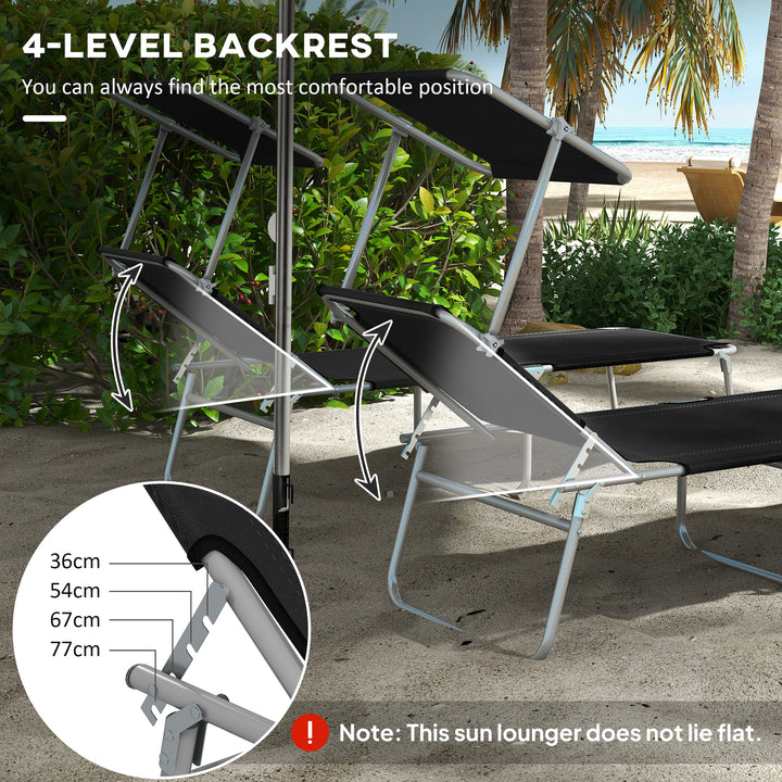 Foldable Sun Lounger Set of 2 with Sun Shade & Adjustable Backrest - Black