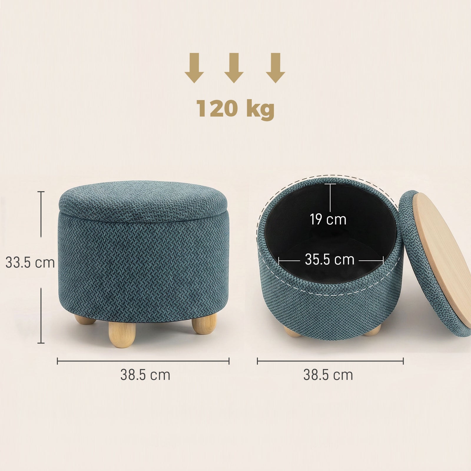 Storage Sitting Bench with Lid, Round Storage Ottoman with Rubberwood 