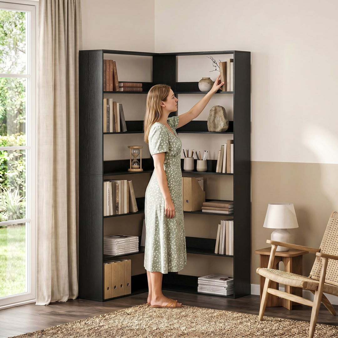 7 Tiers Bookshelf, L-Shaped Corner Bookcase with Anti-Slip Rear Guard,