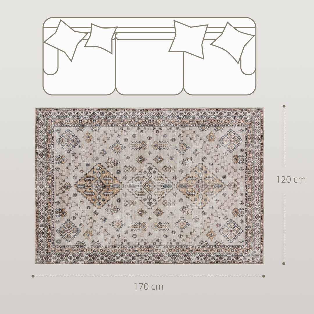 HOMCOM Vintage Area Rug, Non-Slip Washable Rug, Flannel Floor Carpet for Living Room, Bedroom, Dining Room, Home Office, 170 x 120 cm, Beige