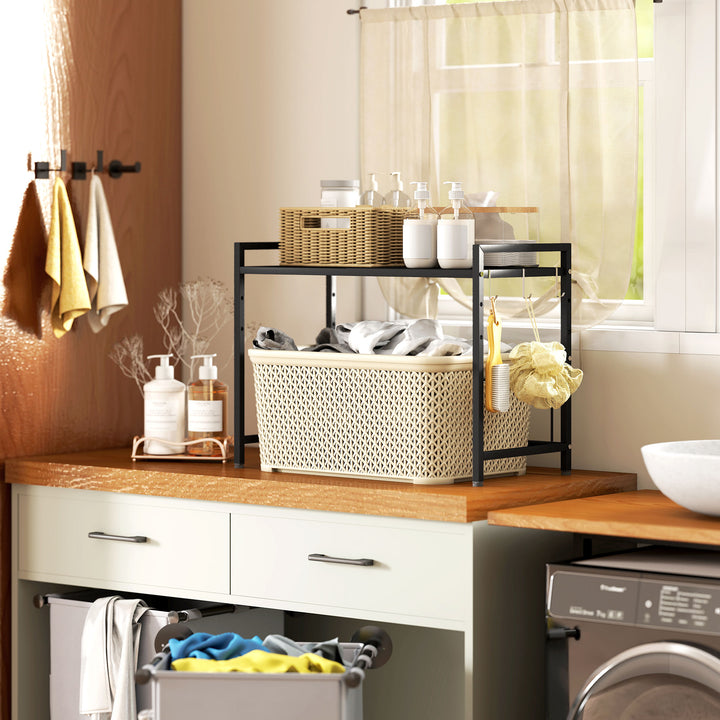 Expandable Microwave Oven Rack with 3 Hooks - Black