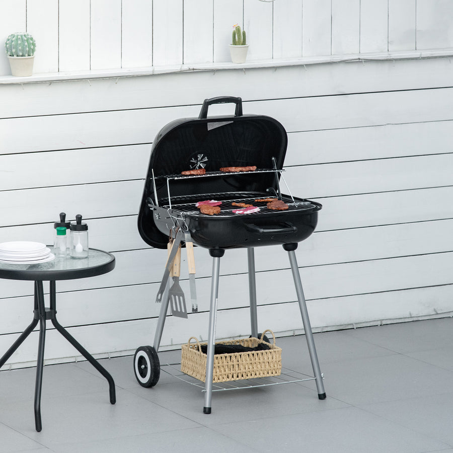 Portable BBQ Charcoal Grill with 2 Wheels and Cooking Utensils, Smoker Grill with Lid for Outdoor Barbecues, Camping, Picnic, Courtyard