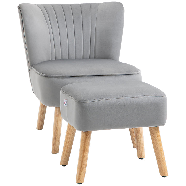 HOMCOM Velvet Accent Chair with Ottoman, Occasional Tub Seat, Curved Back, Wood Frame, Light Grey | Aosom UK