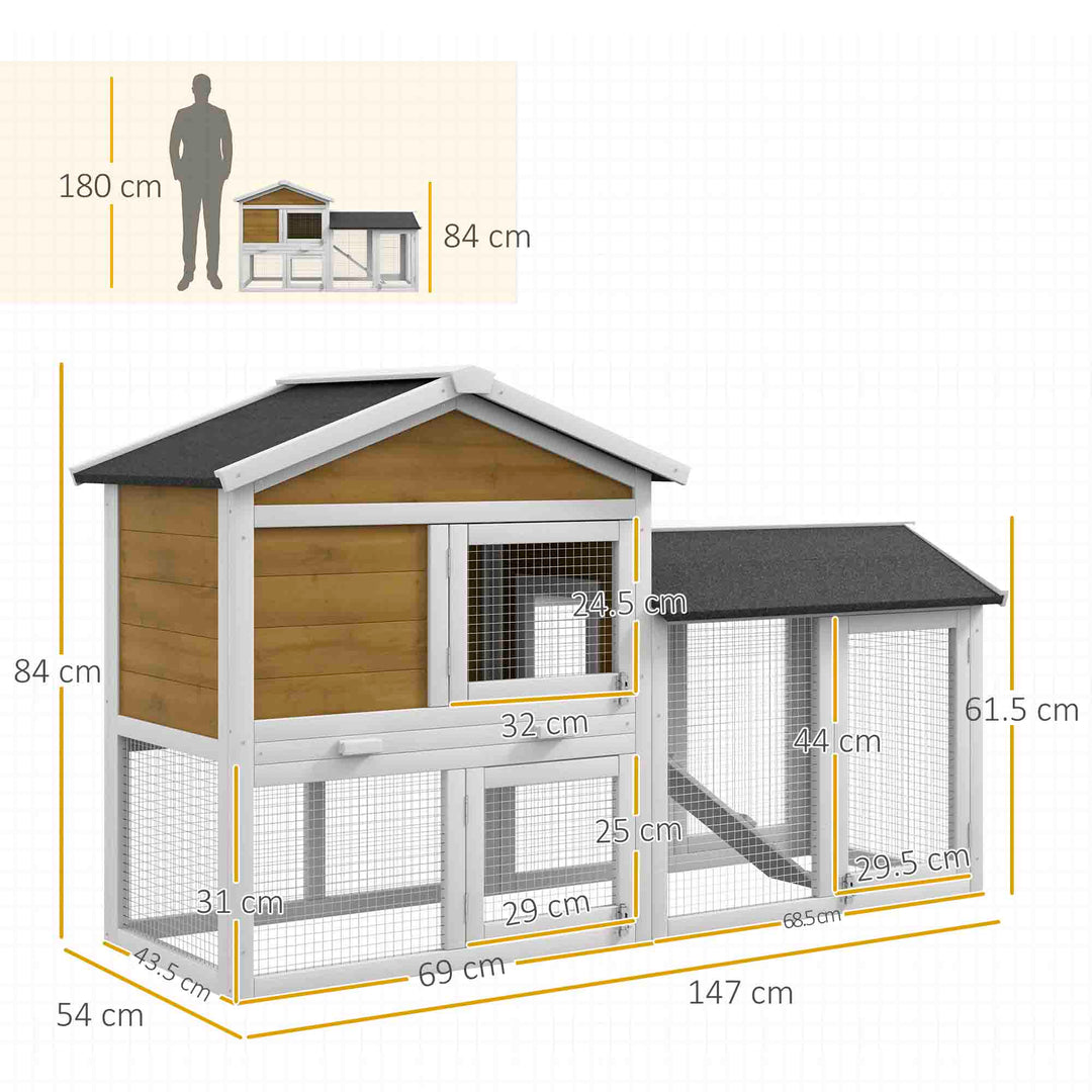 Wooden Rabbit Hutch Outdoor, Double Tier with Water-Resistant Roof, Ramp 147 x 54 x 84 cm, Yellow