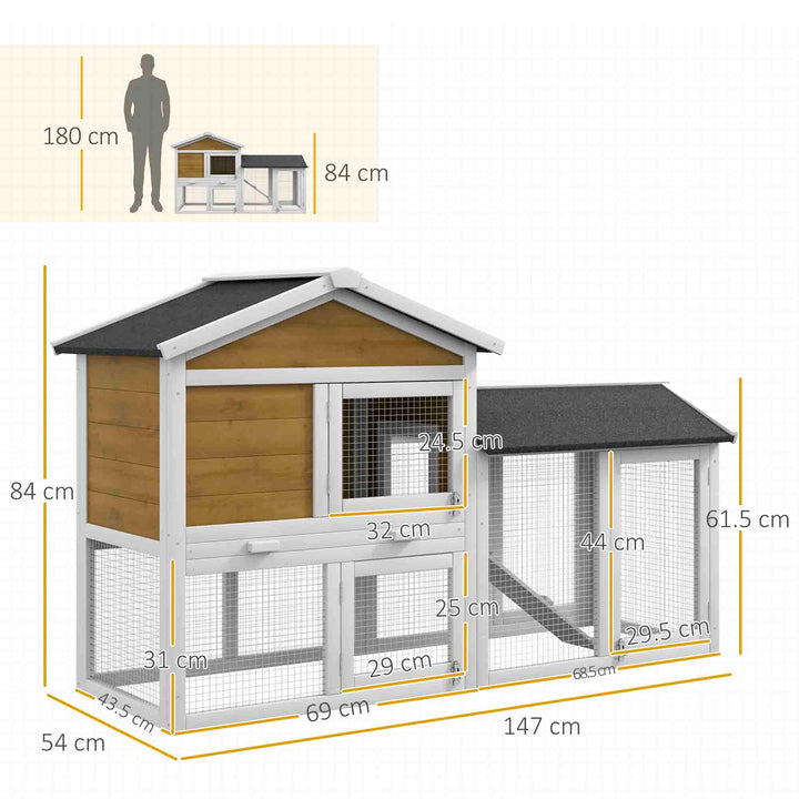 Wooden Rabbit Hutch Outdoor, Double Tier with Water-Resistant Roof, Ramp 147 x 54 x 84 cm, Yellow