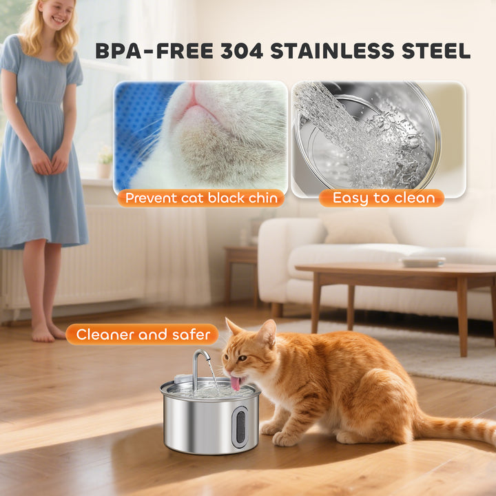 2.5L Stainless Steel Cat Water Fountain for Drinking with Ultra-Silent Pump, Water-Level Window, 7 Filters