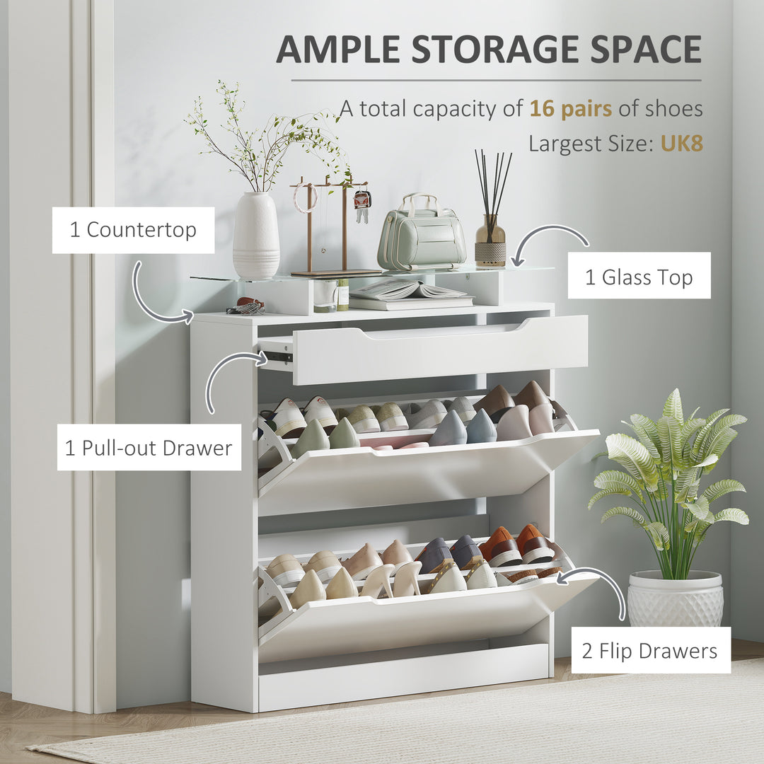 Shoe Storage Cabinet with Slide Out Drawer, 2 Flip Doors, Tempered Glass Top - White