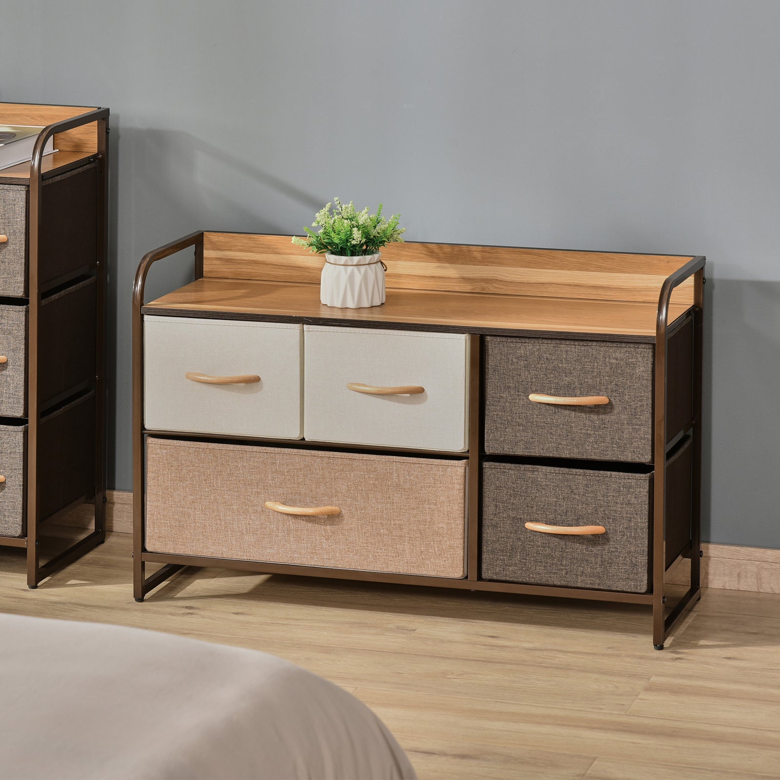 5-Drawer Dresser, Linen Fabric Chest of Drawers, Dresser Tower Unit for Bedroom Hallway Entryway, Storage Organizer with Steel Frame Wooden Top