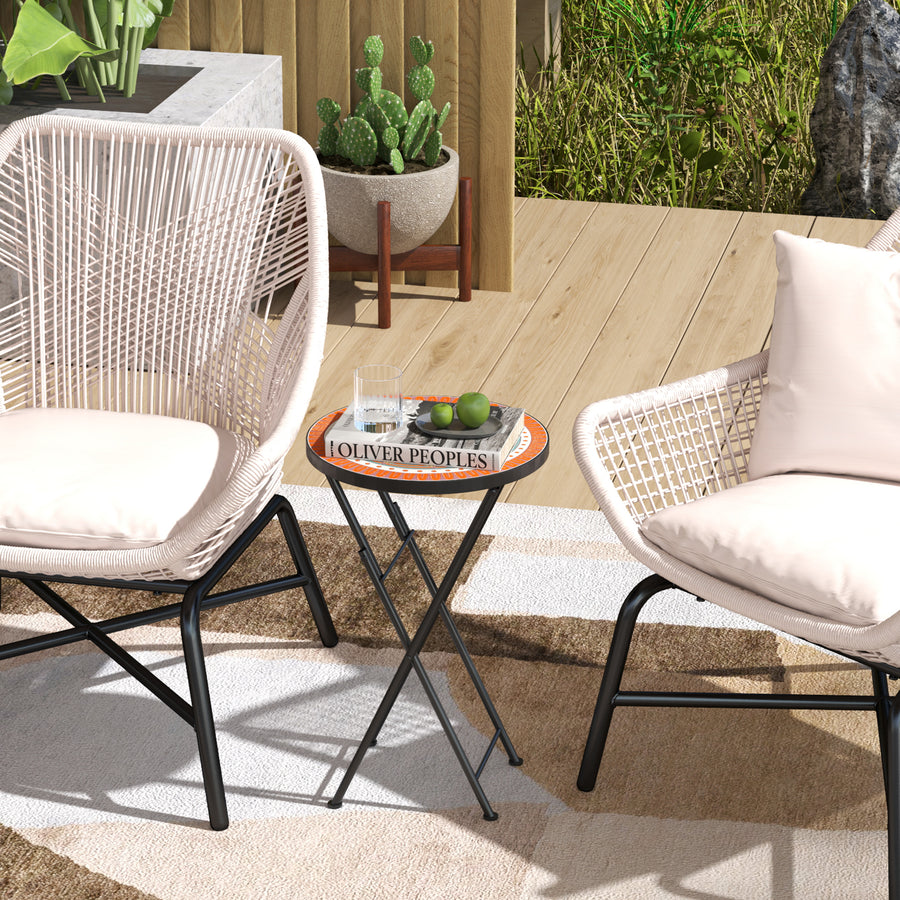 Mosaic Outdoor Garden Table, 35.5cm Round Folding Coffee Table with Metal Frame for Balcony Terrace, Orange