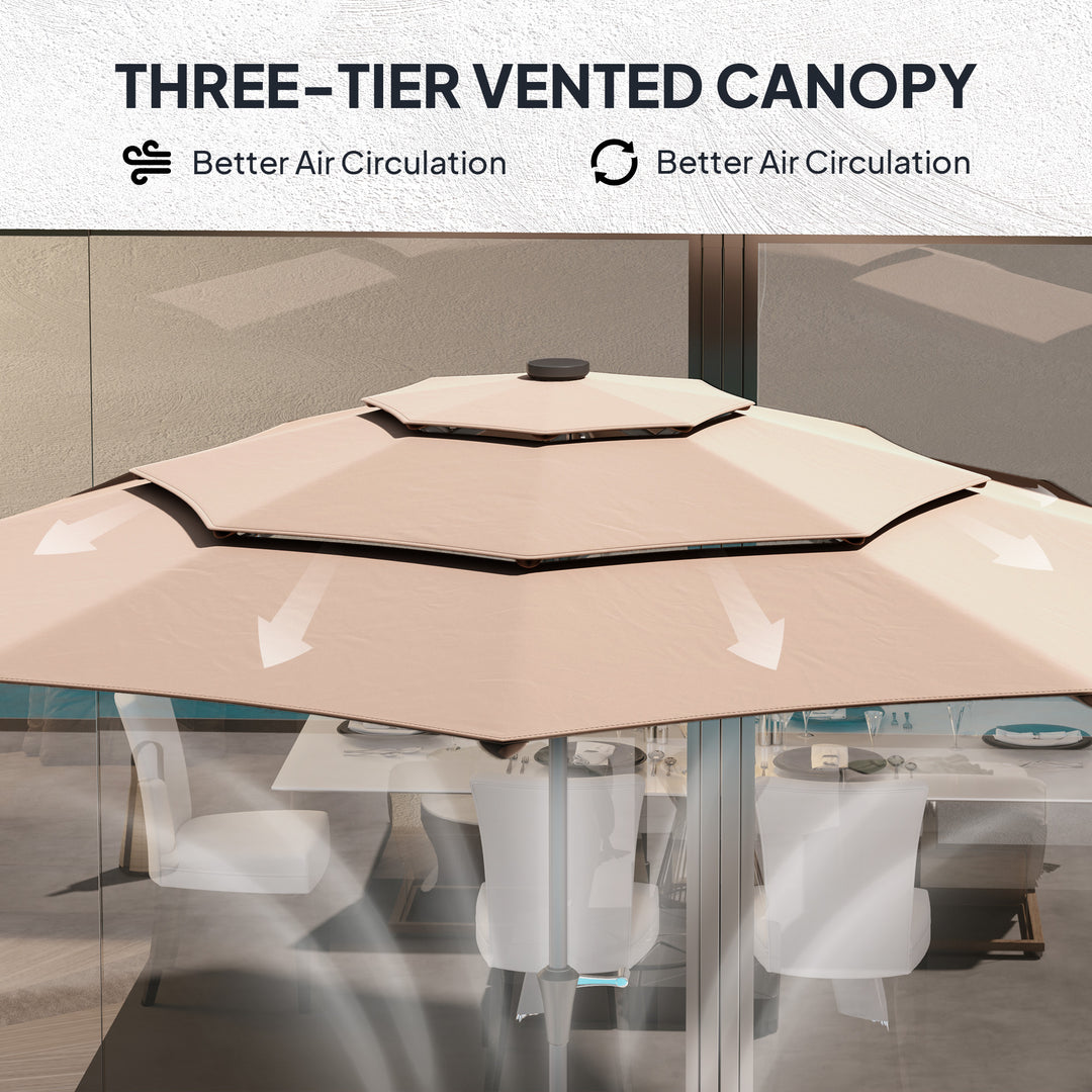3-Tier Garden Parasol with Solar LED Lights, UPF 30+, Tilt Mechanism & Crank Handle, for Market Terrace, Khaki