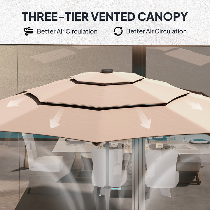 3-Tier Garden Parasol with Solar LED Lights, UPF 30+, Tilt Mechanism & Crank Handle, for Market Terrace, Khaki
