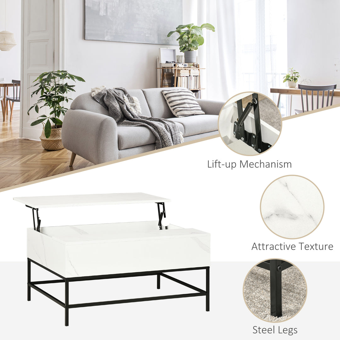 HOMCOM Modern Lifting Coffee Table with Hidden Compartment, Storage Coffee Table for Living Room, Faux Marble White